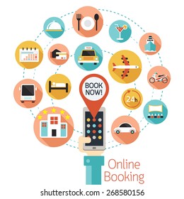 Hand and Mobile Phone Online Booking Icons,  Hotel,  Transportation, Services 