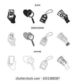 Hand, mobile phone, online store and other equipment. E commerce set collection icons in black,monochrome,outline style vector symbol stock illustration web.