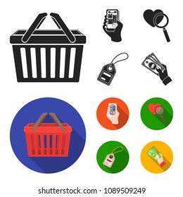 Hand, mobile phone, online store and other equipment. E commerce set collection icons in black, flat style vector symbol stock illustration web.