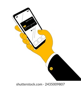 Hand with mobile phone. Payment by phone using a credit card. Vector illustration.