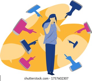 Hand from mobile phone pointing female character, toxic message online cyberbullying isolated on white, flat vector illustration. Female character crying verbal internet abuse modern depression state.