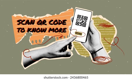 hand with mobile phone with qr code in a vintage rock halftone style and scraps of torn paper on the background. banner trendy retro Y2K design with torn pieces of paper notes.