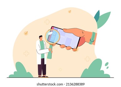 Hand with mobile phone to search for medical news. Tiny doctor holding magnifying glass flat vector illustration. Breaking news, publication concept for banner, website design or landing web page