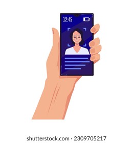 In the hand the mobile phone shows the authorization program by the facial biometrics recognition security system. Identification scanning woman face id, match information for security system. Flat