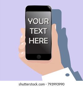 Hand with mobile phone (smartphone). Web flat icon with free blank space for your text on phone screen.  Isolated eps 10 vector on white background.