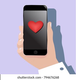 Hand with mobile phone (smartphone). Web flat icon with love heart sign on phone screen.  Isolated eps 10 vector