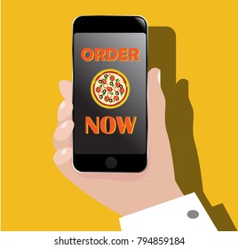 Hand with mobile phone (smartphone). Web flat icon with flat pizza sign and text order now on phone screen.  Isolated eps 10 vector