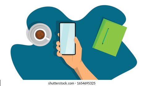 Hand With Mobile Phone. Social Media Artwork. Digital. Internet. Vector Illustration Concept. Phone In Hand. Handbook. Coffee. World Wide Web.