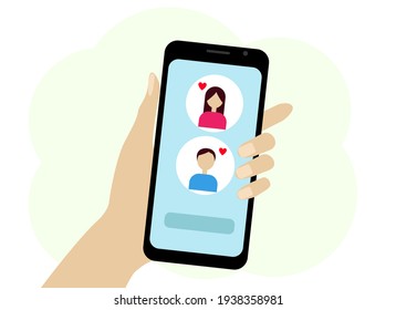 Hand with a mobile phone. There are girl and guy icons on the phone. Chat or online call