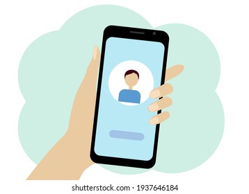 Hand with a mobile phone. There is a guy icon on the phone. Chat or online call