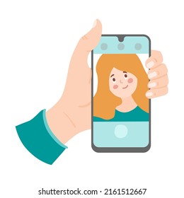 Hand with mobile phone. Vector illustrations of people using smartphones. Cartoon social media, video call and messenger apps