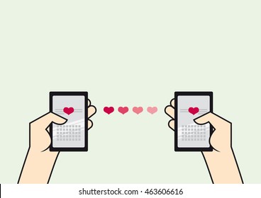 Hand with mobile phone vector. Love correspondence. Love message. Mobile love. Vector illustration