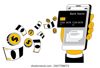 Hand with mobile phone, virtual card, money transfer. Illustration on the topic of quick transfers by phone number. Horizontal banner.