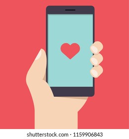 Hand and mobile vector. free space for text. wallpaper. background. heart symbol.