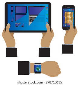 Hand with modern gadgets. Vector illustration. Elements for design: smartphone, smartwatch, tablet computer.