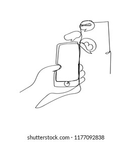 hand with modern mobile phone in continuous line drawing style, thin linear vector illustration