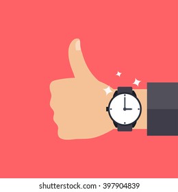 Hand with modern watch, thumbs up, men fashion vector illustration