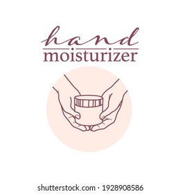 Hand moisturizer emblem with two human hands hold can of cream icon isolated on white background. Vector line art hand drawn illustration. For brand insignia, banner, advertisement, packaging.