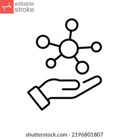 Icono de línea molécula manual, evolución de átomo de biología, colágeno, amino proteico, tecnología social, bioglobal. Holding molecular compuesto Diseño de ilustración de vector de trazo editable sobre fondo blanco EPS10