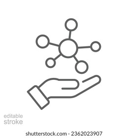 Hand molecule line icon, biology atom evolution, collagen, protein amino, social technology, bio global. Holding molecular compound Editable stroke vector illustration design on white background EPS10