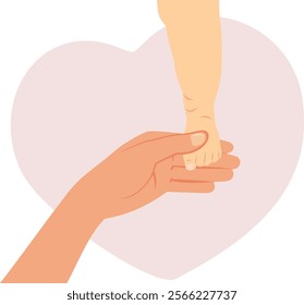 
Hand of a Mom Holding a Baby Foot Vector Illustration. Symbol of motherhood with newborn care emblem
