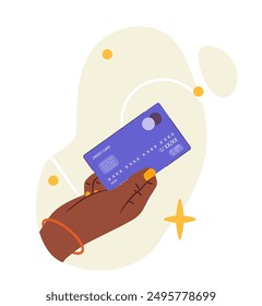 Hand with money. Arm with blue bank debit card. Payments and transactions. Financial deals and agreements. Cashless transfers. Flat vector illustration isolated on white background