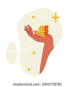 Hand with money. Arm with stack of golden coin. Payments and transactions. Business investment. Financial deals and agreements. Flat vector illustration isolated on white background