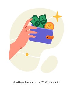 Hand with money. Arm with wallet with banknotes and coin. Payments and transactions. Rich person with wealth. Financial deals and agreements. Flat vector illustration isolated on white background