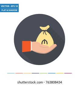 Hand and money bag - Azerbaijani manat flat icon with long shadow. Vector Illustration.