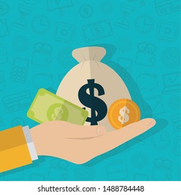 Hand With Money Bag Bill And Coin Finance Icons Vector Illustration