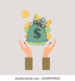 Hand with money bag bill and coin finance icons. Business financial investment. Vector background.