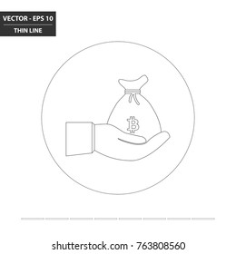 Hand and money bag - Bitcoin thin line flat icon. Vector Illustration.