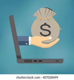 Hand with money bag comes from the screen of laptop.
