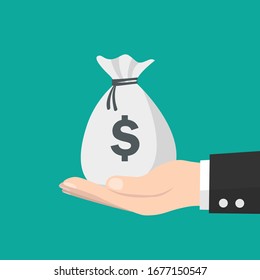 ฺBusinessman hand with money bag. Earning money banking concept.  business and finance. Loans and investments. Vector illustration flat design. Isolated on blue background. 