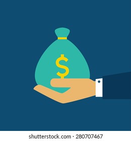 Hand with money bag. Flat style. Vector illustration