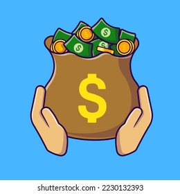 Hand With Money Bag And Gold Coin Cartoon Vector Icons Illustration. Flat Cartoon Concept. Suitable for any creative project.

