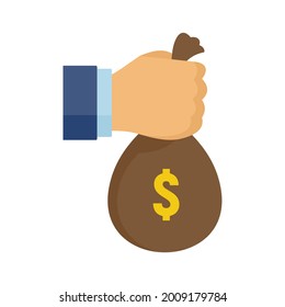 Hand money bag icon. Flat illustration of hand money bag vector icon isolated on white background