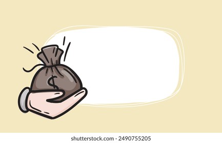 Hand and money bag icon. Simple vector background for sticker, price tag, label, card. Hand drawn illustration. Business, finance, sales and shares concept.
