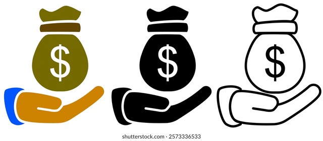 hand and money bag icon, simple flat style, illustration, logo sign symbol pictogram template, for ui or ux isolated on white for mobile app, editable