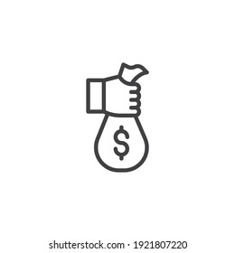 Hand with money bag line icon. linear style sign for mobile concept and web design. Money investment outline vector icon. Symbol, logo illustration. Vector graphics