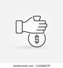 Hand with money bag vector concept icon or design element in thin line style