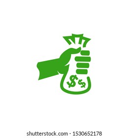 hand and money bag vector. hand holding and giving bag of dollar money illustration symbol of corruption people logo