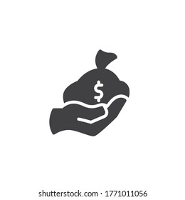 Hand with money bag vector icon. filled flat sign for mobile concept and web design. Giving loan, mortgage glyph icon. Business and finance symbol, logo illustration. Vector graphics