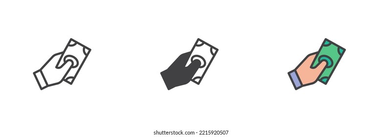 Hand with money bill different style icon set. Line, glyph and filled outline colorful version, outline and filled vector sign. Payment symbol, logo illustration. Vector graphics