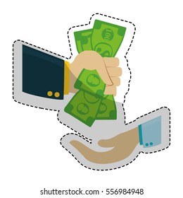hand with money bills icon over white background. colorful design.  vector illustration