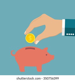 Hand, money. Businessman putting coin in piggy bank. Vector illustration, flat style.