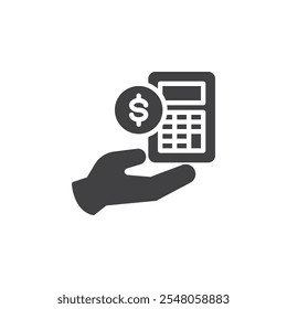 Hand with money and calculator vector icon. filled flat sign for mobile concept and web design. Financial Planner glyph icon. Financial Expertise symbol, logo illustration. Vector graphics