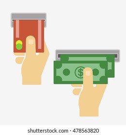 Hand with money and card. Atm purchase. Atm icon set. Flat vector illustration