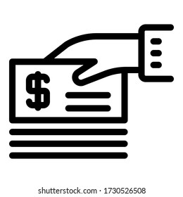 Hand with money check icon. Outline hand with money check vector icon for web design isolated on white background