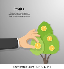 Hand with money coin tree trendy simple flat style with empty space for your text. Business and finance concept vector  for your design work, presentation, website or others.